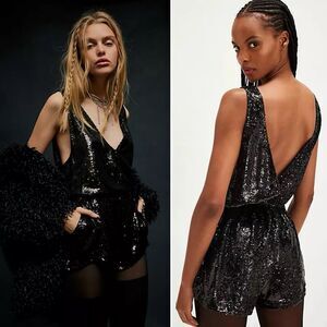 Free People High Shine Sequin One-Piece Black jumpsuit rompers Petite Small NWOT